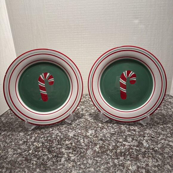 St. Nicholas Square Candy Greetings Candy Cane Plates 9" Set of 2 (two) - Picture 2 of 12